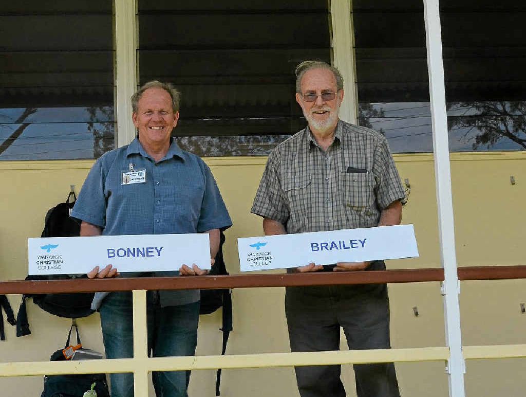 FOUNDING FATHERS: Owen Bonney and David Brailey with the new signs for the buildings to be named in their honour at the Warwick Christian College Slade Campus. FOUNDING FATHERS: Owen Bonney and David Brailey with the new signs for the buildings to be named in their honour at the Warwick Christian College Slade Campus.
